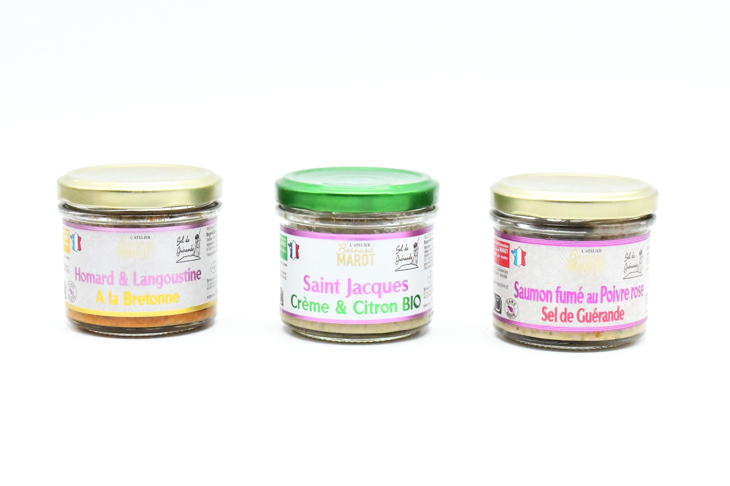 Terrine artisanale Bretagne - Trio de terrine mer au saumon fumé au poivre rose et sel de guérande, homard et langoustine, saint jacques crème et citron
