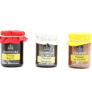 Duo de confitures bretonne fraise basilic et chocolat noisette. Compote pomme caramel au miel
