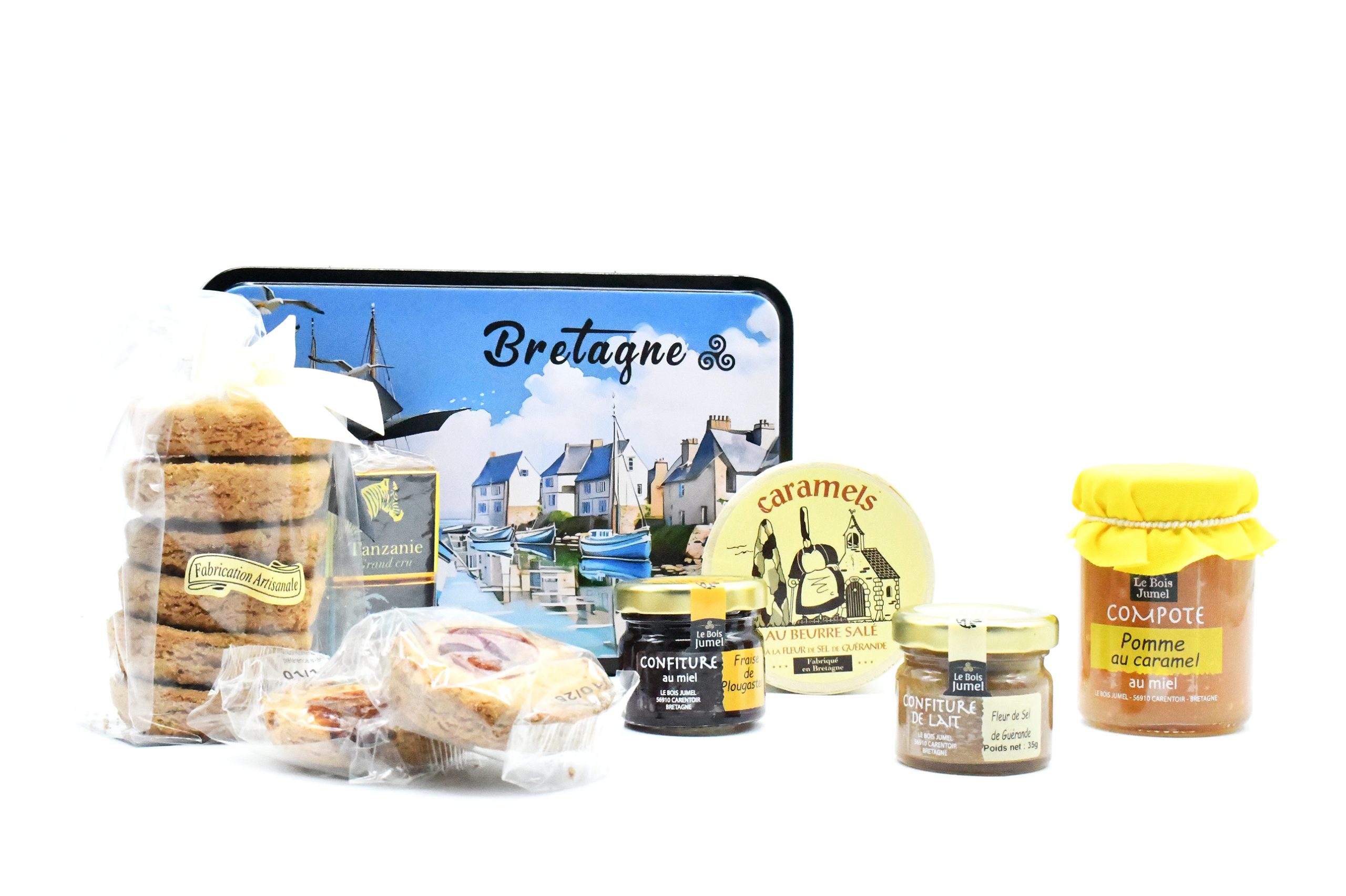 Boite métallique Bretagne - Coffret produit breton surcé - caramel beurre salé - confiture - biscuit - framboise - palet breton