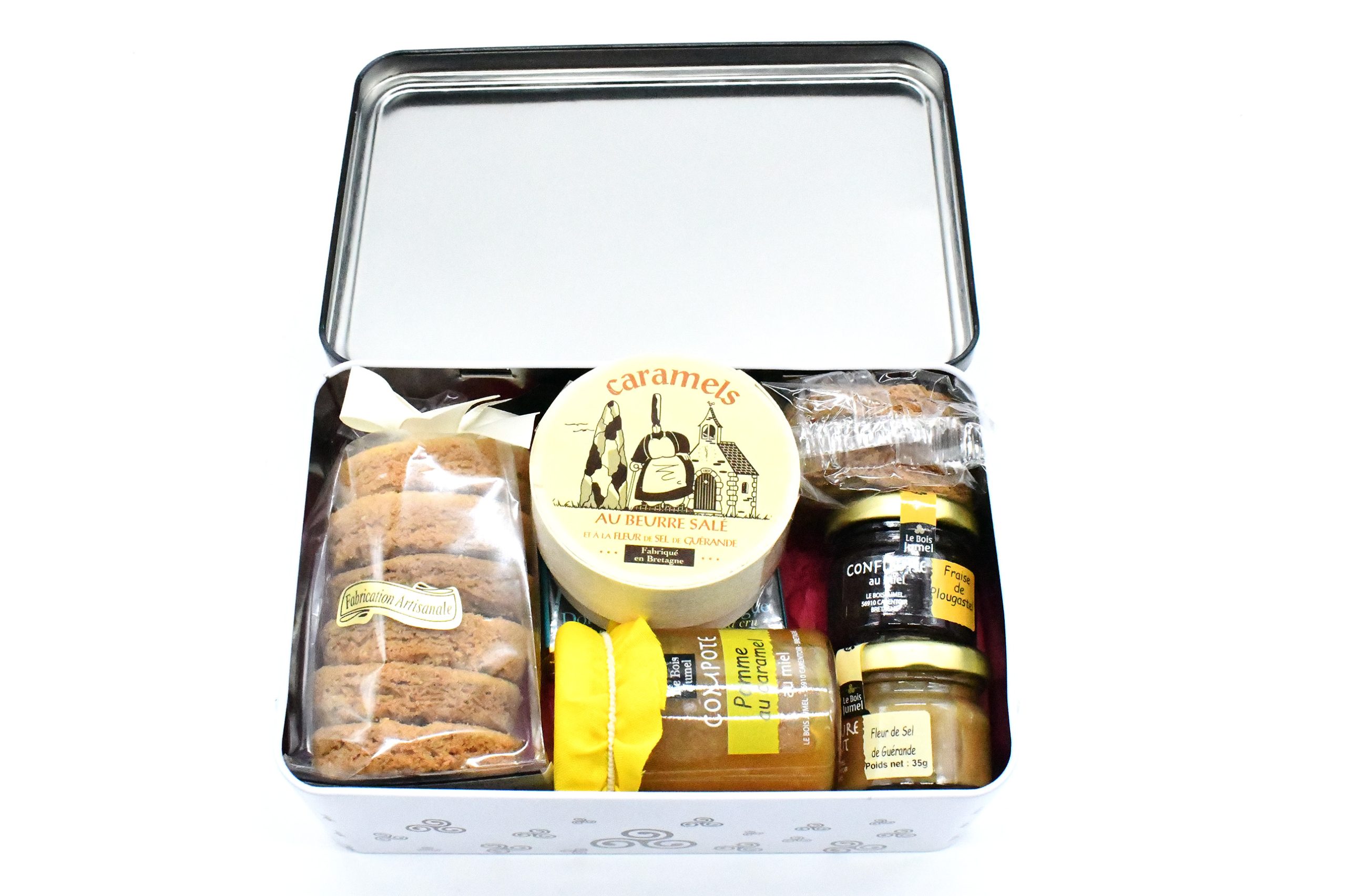 Boite métallique Bretagne - Coffret produit breton surcé - caramel beurre salé - confiture - biscuit - framboise - palet breton