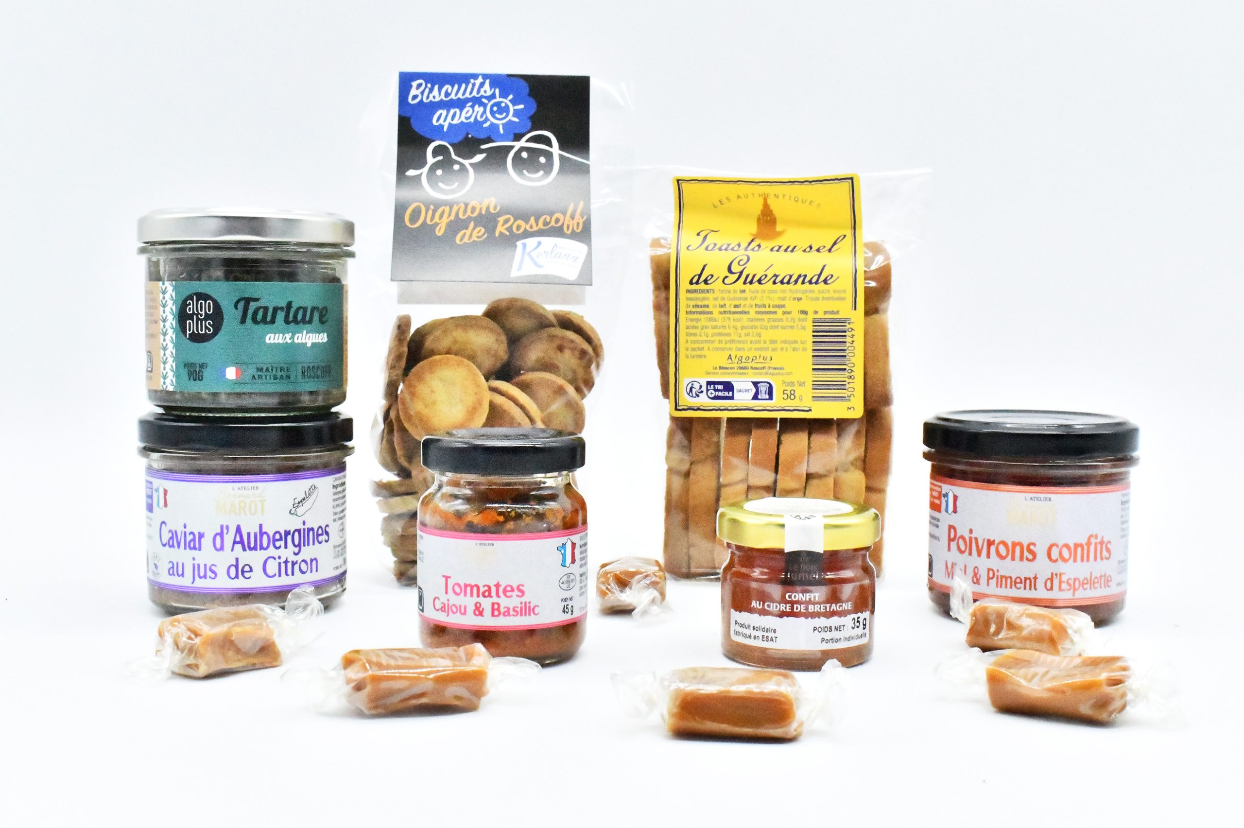 Biscuit - Bretagne - oignon - roscoff - toast - sel - Guérande - poivron - piment - espelette - tartare - algues - caviar - aubergine - tomates - cajou - basilic - confit - cidre - Bretagne - caramel - beurre - salé