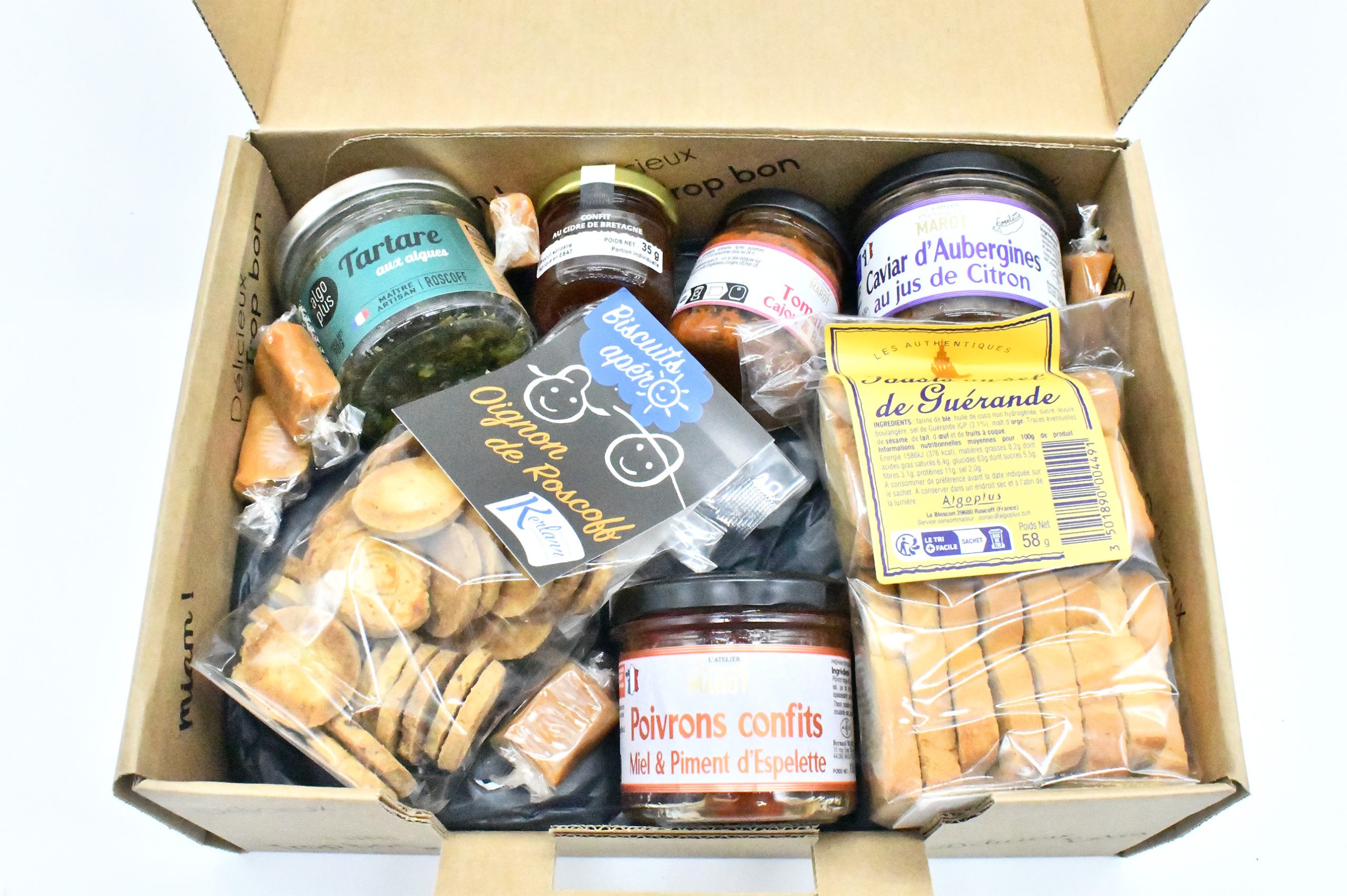 Biscuit - Bretagne - oignon - roscoff - toast - sel - Guérande - poivron - piment - espelette - tartare - algues - caviar - aubergine - tomates - cajou - basilic - confit - cidre - Bretagne - caramel - beurre - salé