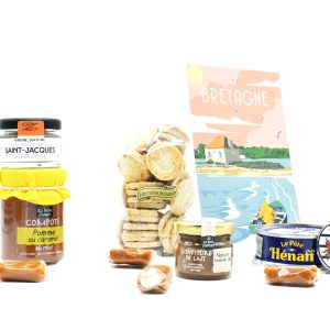 compote - caramel - pomme - miel - rillettes - saint jacques - confiture de lait - pate - henaff - biscuit - mini galette - carte postale - porte clé