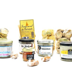 terre - mer - rillette - poulet - roti - porc - tomate - piment - saumon - cabillaud - maquereau - confit - cidre - caramel - beurre - sale - biscuit - apéritif - oignon - tomate - fromage - toast